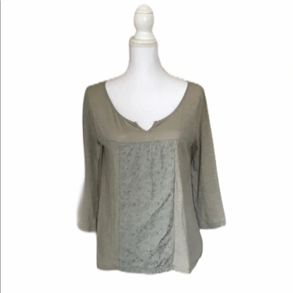 J.Crew Olive Green V-Neck Embroidered Front Top 3/4 Sleeve Blouse Sm Casual Boho